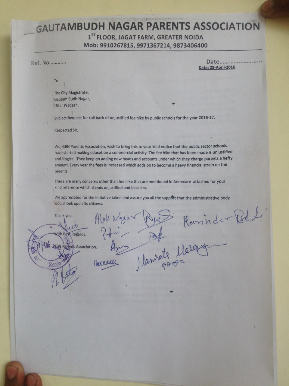 Letter from Noida Greater Noida Parents association to DM