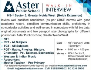 Teaching job opportunities in Noida extension schools - Aster school